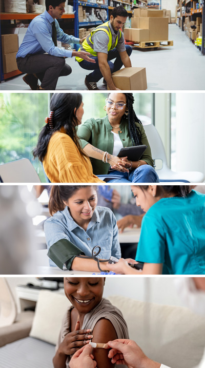 Examples of preventive behaviors: a person lifting a heavy box with proper technique, a counseling session with a therapist, taking a blood pressure reading, and receiving a vaccination.