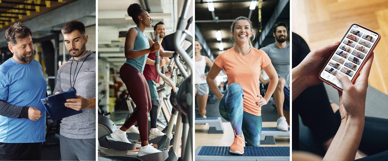 Collage of images of people exercising in fitness centers and on a mobile app