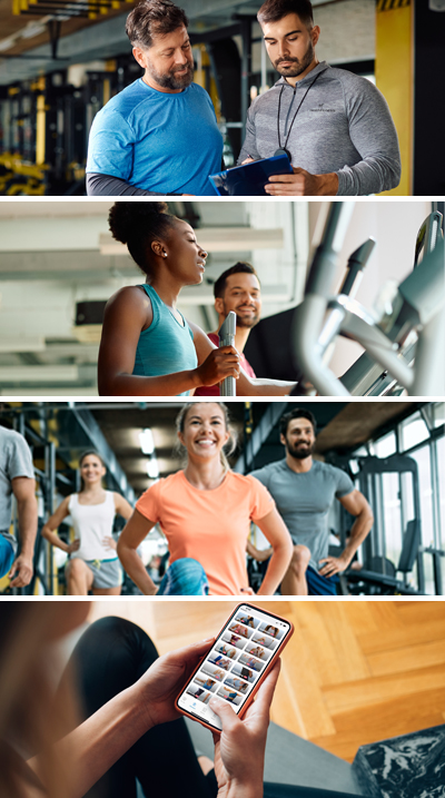 Collage of images of people exercising in fitness centers and on a mobile app