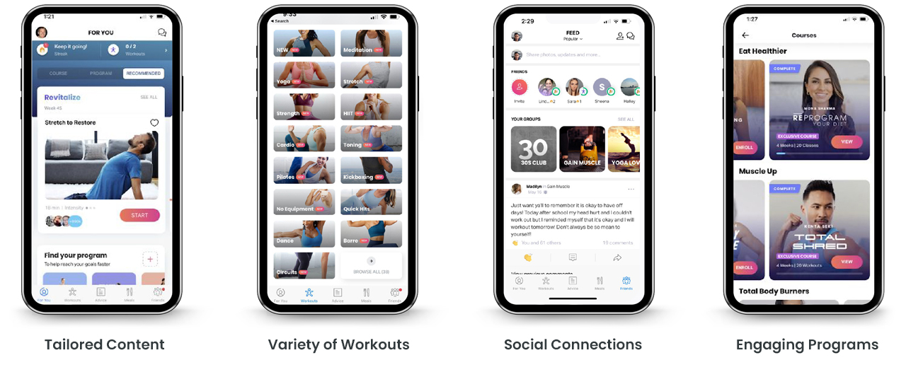 Tailored content, variety of workouts, social connections, engaging programs.